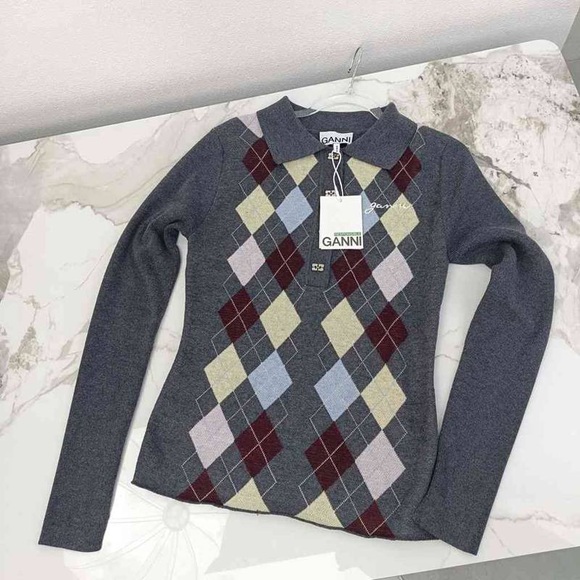 Ganni Sweaters - Ganni Gray Argyle Sweater Cardigan